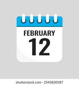 Vector icon page calendar day of month - 12 February. 12th day of month - Sunday, Monday, Tuesday, Wednesday, Thursday, Friday, Saturday. Anniversary, reminder, plan, to-do list. Calender on the wall