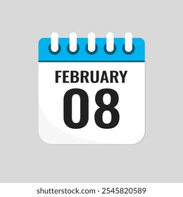 Vector icon page calendar day of month - 8 February. 8th day of month - Sunday, Monday, Tuesday, Wednesday, Thursday, Friday, Saturday. Anniversary, reminder, plan, to-do list. Calender on the wall