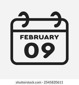 Vector icon page calendar day of month - 9 February. 9th day of month - Sunday, Monday, Tuesday, Wednesday, Thursday, Friday, Saturday. Anniversary, reminder, plan, to-do list. Calender on the wall