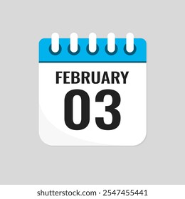 Vector icon page calendar day of month - 3 February. 3th day of month - Sunday, Monday, Tuesday, Wednesday, Thursday, Friday, Saturday. Anniversary, reminder, plan, to-do list. Calender on the wall