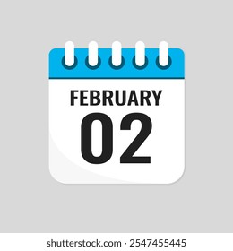 Vector icon page calendar day of month - 2 February. 2th day of month - Sunday, Monday, Tuesday, Wednesday, Thursday, Friday, Saturday. Anniversary, reminder, plan, to-do list. Calender on the wall