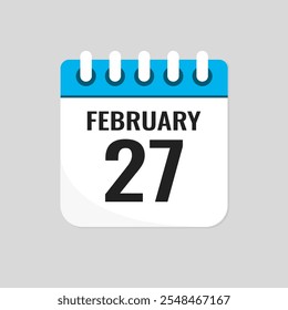 Vector icon page calendar day of month - 27 February. 27th day of month - Sunday, Monday, Tuesday, Wednesday, Thursday, Friday, Saturday. Anniversary, reminder, plan, to-do list. Calender on the wall