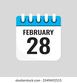 Vector icon page calendar day of month - 28 February. 28th day of month - Sunday, Monday, Tuesday, Wednesday, Thursday, Friday, Saturday. Anniversary, reminder, plan, to-do list. Calender on the wall