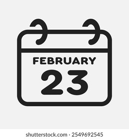 Vector icon page calendar day of month - 23 February. 23th day of month - Sunday, Monday, Tuesday, Wednesday, Thursday, Friday, Saturday. Anniversary, reminder, plan, to-do list. Calender on the wall