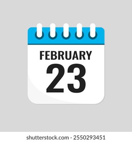 Vector icon page calendar day of month - 23 February. 23th day of month - Sunday, Monday, Tuesday, Wednesday, Thursday, Friday, Saturday. Anniversary, reminder, plan, to-do list. Calender on the wall