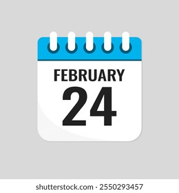 Vector icon page calendar day of month - 24 February. 24th day of month - Sunday, Monday, Tuesday, Wednesday, Thursday, Friday, Saturday. Anniversary, reminder, plan, to-do list. Calender on the wall