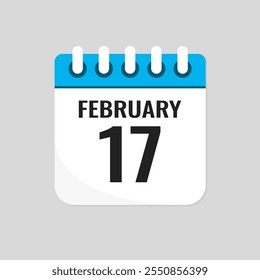 Vector icon page calendar day of month - 17 February. 17th day of month - Sunday, Monday, Tuesday, Wednesday, Thursday, Friday, Saturday. Anniversary, reminder, plan, to-do list. Calender on the wall