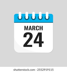 Vector icon page calendar day of month - 24 March. 24th day of month - Sunday, Monday, Tuesday, Wednesday, Thursday, Friday, Saturday. Anniversary, reminder, plan, to-do list. Calender on the wall