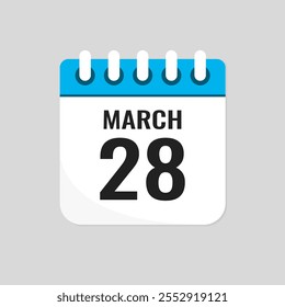 Vector icon page calendar day of month - 28 March. 28th day of month - Sunday, Monday, Tuesday, Wednesday, Thursday, Friday, Saturday. Anniversary, reminder, plan, to-do list. Calender on the wall