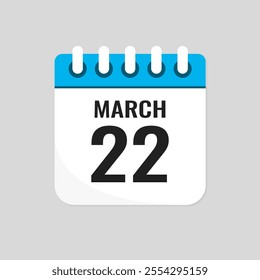 Vector icon page calendar day of month - 22 March. 22th day of month - Sunday, Monday, Tuesday, Wednesday, Thursday, Friday, Saturday. Anniversary, reminder, plan, to-do list. Calender on the wall