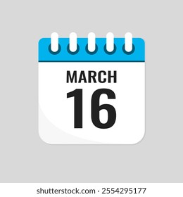 Vector icon page calendar day of month - 16 March. 16th day of month - Sunday, Monday, Tuesday, Wednesday, Thursday, Friday, Saturday. Anniversary, reminder, plan, to-do list. Calender on the wall