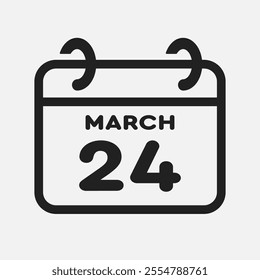Vector icon page calendar day of month - 24 March. 24th day of month - Sunday, Monday, Tuesday, Wednesday, Thursday, Friday, Saturday. Anniversary, reminder, plan, to-do list. Calender on the wall