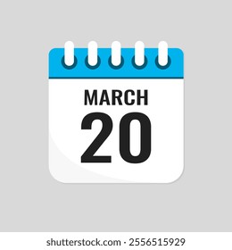 Vector icon page calendar day of month - 20 March. 20th day of month - Sunday, Monday, Tuesday, Wednesday, Thursday, Friday, Saturday. Anniversary, reminder, plan, to-do list. Calender on the wall