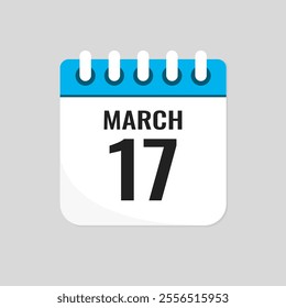 Vector icon page calendar day of month - 17 March. 17th day of month - Sunday, Monday, Tuesday, Wednesday, Thursday, Friday, Saturday. Anniversary, reminder, plan, to-do list. Calender on the wall