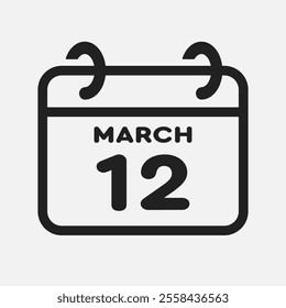 Vector icon page calendar day of month - 12 March. 12th day of month - Sunday, Monday, Tuesday, Wednesday, Thursday, Friday, Saturday. Anniversary, reminder, plan, to-do list. Calender on the wall