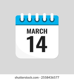 Vector icon page calendar day of month - 14 March. 14th day of month - Sunday, Monday, Tuesday, Wednesday, Thursday, Friday, Saturday. Anniversary, reminder, plan, to-do list. Calender on the wall