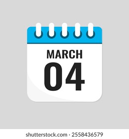 Vector icon page calendar day of month - 4 March. 4th day of month - Sunday, Monday, Tuesday, Wednesday, Thursday, Friday, Saturday. Anniversary, reminder, plan, to-do list. Calender on the wall