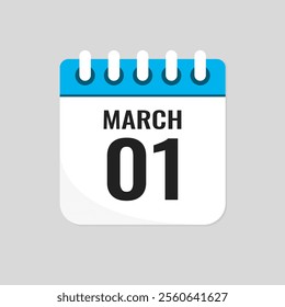 Vector icon page calendar day of month - 1 March. 1th day of month - Sunday, Monday, Tuesday, Wednesday, Thursday, Friday, Saturday. Anniversary, reminder, plan, to-do list. Calender on the wall