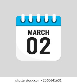 Vector icon page calendar day of month - 2 March. 2th day of month - Sunday, Monday, Tuesday, Wednesday, Thursday, Friday, Saturday. Anniversary, reminder, plan, to-do list. Calender on the wall
