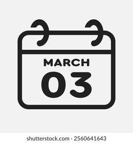 Vector icon page calendar day of month - 3 March. 3th day of month - Sunday, Monday, Tuesday, Wednesday, Thursday, Friday, Saturday. Anniversary, reminder, plan, to-do list. Calender on the wall