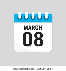 Vector icon page calendar day of month - 8 March. 8th day of month - Sunday, Monday, Tuesday, Wednesday, Thursday, Friday, Saturday. Anniversary, reminder, plan, to-do list. Calender on the wall
