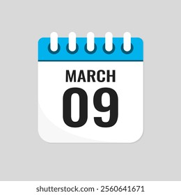 Vector icon page calendar day of month - 9 March. 9th day of month - Sunday, Monday, Tuesday, Wednesday, Thursday, Friday, Saturday. Anniversary, reminder, plan, to-do list. Calender on the wall