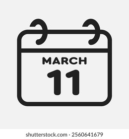 Vector icon page calendar day of month - 11 March. 11th day of month - Sunday, Monday, Tuesday, Wednesday, Thursday, Friday, Saturday. Anniversary, reminder, plan, to-do list. Calender on the wall