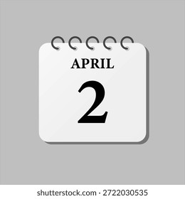 Vector icon page calendar day of month - 2nd April. The second day of month, week minimal style. Calendar on the wall for plan, to-do list. Sunday, Monday, Tuesday, Wednesday, Thursday Friday Saturday