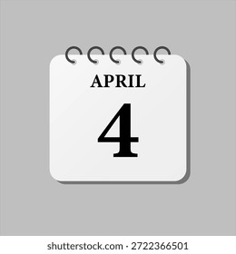 Vector icono de la página del día calendario del mes - 4 de abril. El cuarto día del mes, semana estilo minimalista. Calendario en la pared para el Plan, lista de tareas pendientes. Domingo, Lunes, Martes, Miércoles, Jueves Viernes Sábado