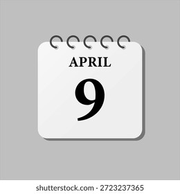 Vector icono de la página del día calendario del mes - 9 de abril. El noveno día de la semana, estilo minimalista. Calendario en la pared para el Plan, lista de tareas pendientes. Domingo, lunes, martes, miércoles, jueves, viernes y sábado