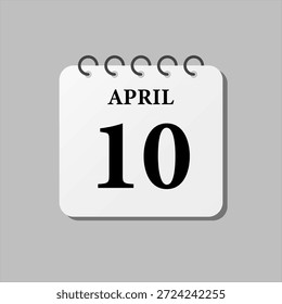 Vector icono de la página del día calendario del mes - 10 de abril. El décimo día del mes, semana de estilo minimalista. Calendario en la pared para el Plan, lista de tareas pendientes. Domingo, Lunes, Martes, Miércoles, Jueves Viernes Sábado