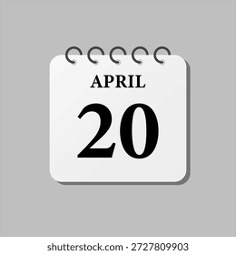 Vector icono de la página día calendario del mes - 20 de abril. Vigésimo día del mes, semana estilo minimalista. Calendario en la pared para el Plan, lista de tareas pendientes. Domingo, Lunes, Martes, Miércoles, Jueves Viernes Sábado