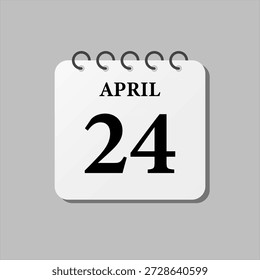 Vector icon page calendar day of month, 24th April. Twenty fourth day of month, week minimal style. Calendar on the wall for plan, to-do list. Sunday, Monday Tuesday Wednesday Thursday Friday Saturday