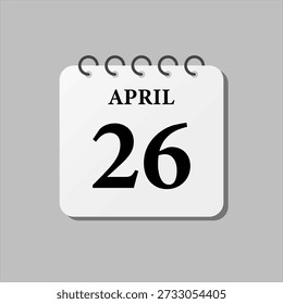 Vector icon page calendar day of month, 26th April. Veintiséis días del mes, semana estilo minimalista. Calendario en la pared para el Plan, lista de tareas pendientes. Domingo, lunes, martes miércoles jueves viernes sábado