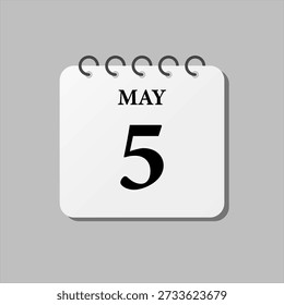 Vector icon page día calendario del mes - 5 de mayo. El quinto día de la semana, estilo minimalista. Calendario en la pared para el Plan, lista de tareas pendientes. Domingo, lunes, martes, miércoles, jueves, viernes y sábado
