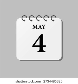 Vector icon page calendar day of month - 4th May. The fourth day of month, week minimal style. Calendar on the wall for plan, to-do list. Sunday, Monday, Tuesday, Wednesday, Thursday Friday Saturday
