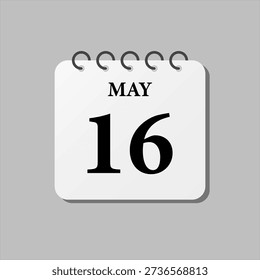 Vector icon page calendar day of month - 16th May. Sixteenth day of month, week minimal style. Calendar on the wall for plan, to-do list. Sunday, Monday, Tuesday, Wednesday, Thursday Friday Saturday