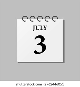 Vector icon page calendar day of month - 3rd July. The third day of month, week minimal style. Calendar on the wall for plan, to-do list. Sunday, Monday, Tuesday, Wednesday, Thursday, Friday Saturday
