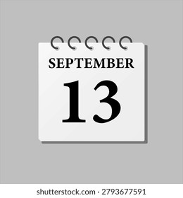 Vector icon page calendar day of month - 13th September. Thirteenth day of month, week minimal style. Calendar on the wall for plan to-do list. Sunday Monday Tuesday Wednesday Thursday Friday Saturday