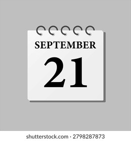 Vector icon page calendar day of month, 21st September. Twenty first day of month week minimal style. Calendar on the wall for plan to-do list. Sunday Monday Tuesday Wednesday Thursday Friday Saturday