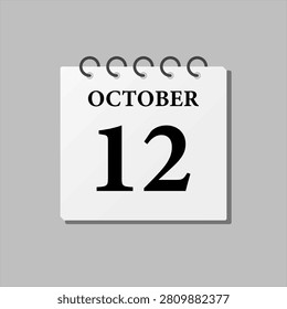 Vector icon page calendar day of month, 12th October. The twelfth day of month, week minimal style. Calendar on the wall for plan, to-do list. Sunday, Monday Tuesday Wednesday Thursday Friday Saturday