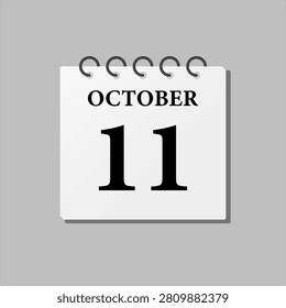 Vector icon page calendar day of month - 11th October. Eleventh day of month, week minimal style. Calendar on the wall for plan, to-do list. Sunday, Monday, Tuesday, Wednesday Thursday Friday Saturday
