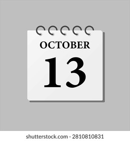Vector icon page calendar day of month - 13th October. Thirteenth day of month, week minimal style. Calendar on the wall for plan, to-do list. Sunday, Monday Tuesday Wednesday Thursday Friday Saturday