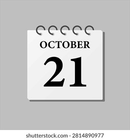 Vector icon page calendar day of month, 21st October. Twenty first day of month, week minimal style. Calendar on the wall for plan, to-do list. Sunday Monday Tuesday Wednesday Thursday Friday Saturday
