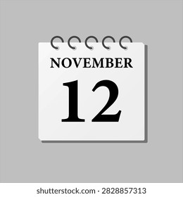 Vector icon page calendar day of month, 12th November. The twelfth day of month, week minimal style. Calendar on the wall for plan, to-do list. Sunday Monday Tuesday Wednesday Thursday Friday Saturday