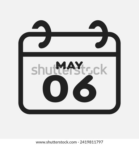 Vector icon page calendar day of month - 6 May. 6th day of month - Sunday, Monday, Tuesday, Wednesday, Thursday, Friday, Saturday. Anniversary, reminder, plan, to-do list. Calender on the wall
