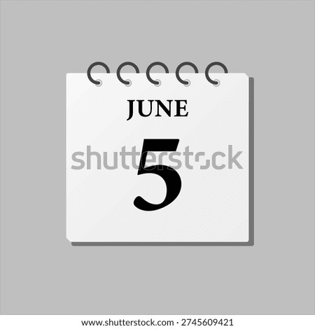 Vector icon page calendar day of month - 5th June. The fifth day of month, week minimal style. Calendar on the wall for plan, to-do list. Sunday, Monday, Tuesday, Wednesday, Thursday, Friday Saturday