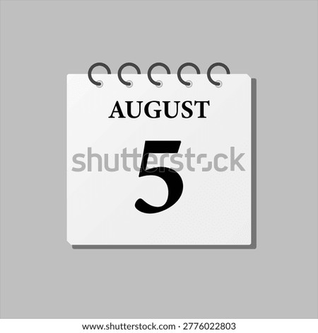 Vector icon page calendar day of month - 5th August. The fifth day of month, week minimal style. Calendar on the wall for plan, to-do list. Sunday, Monday, Tuesday, Wednesday, Thursday Friday Saturday
