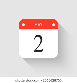 Vector icon page day calendar - 2 May. Pictogram template for anniversary, reminder, schedule, planning. Simple illustration reminder 2nd day of month. Calendar on the wall for date, to-do list