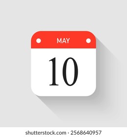 Vector icon page day calendar - 10 May. Pictogram template for anniversary, reminder, schedule, planning. Simple illustration reminder 10th day of month. Calendar on the wall for date, to-do list